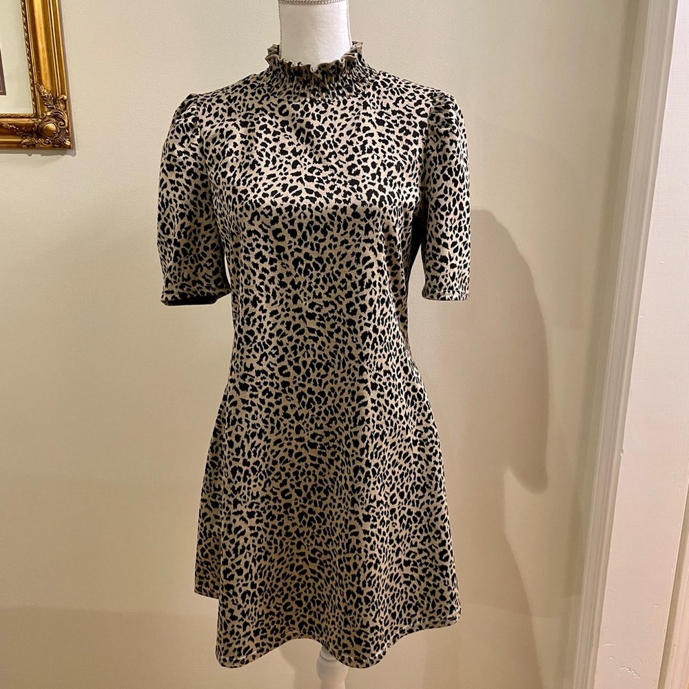 Cheeta print puff sleeve high neck fit & flare dress
